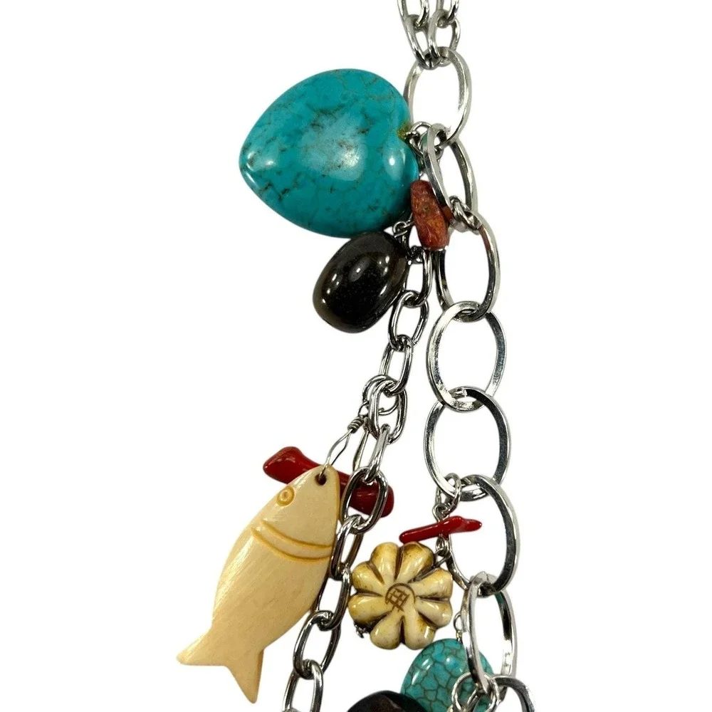 Long Charm Necklace Silver Tone 10 Assorted Charms Fish Heart Feather Graziano